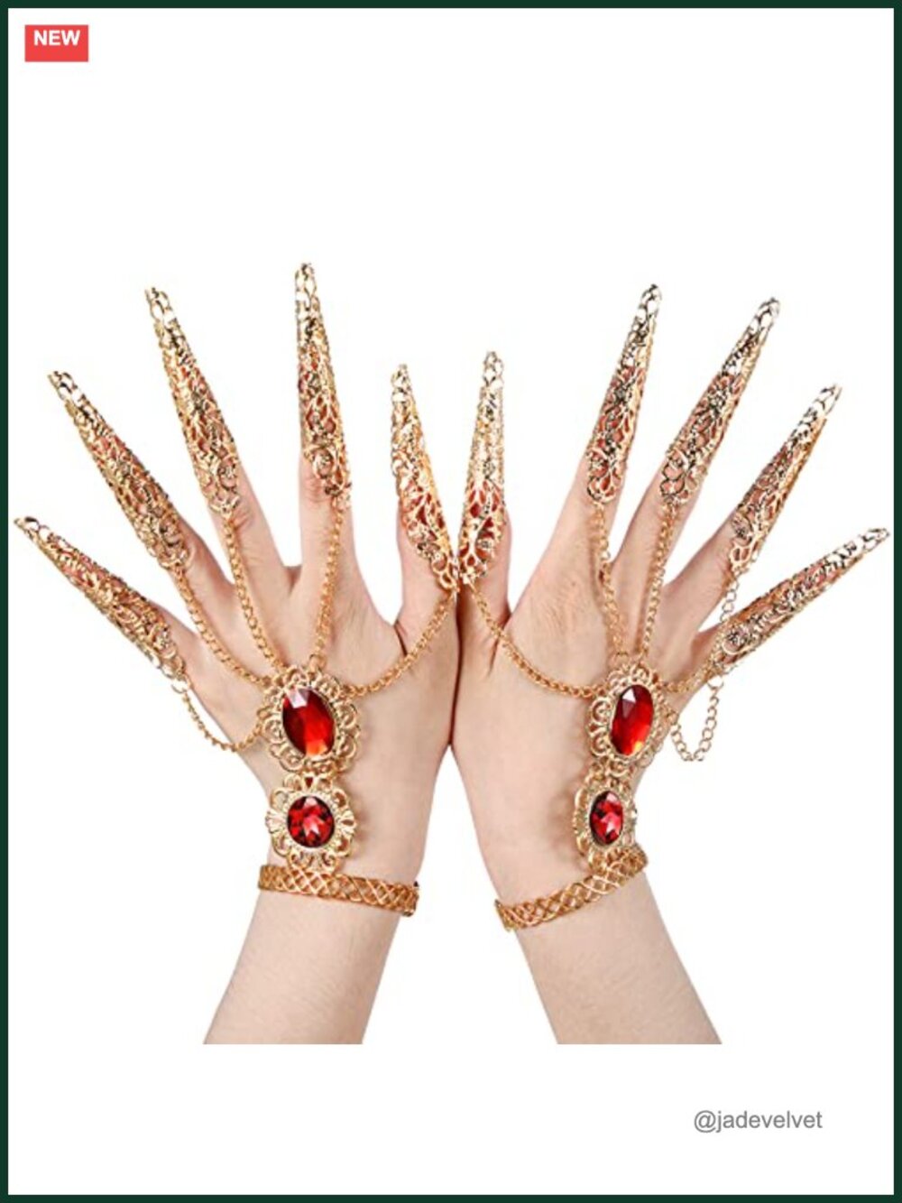 Gold Plated Acrylic Gem Bracelet Set with Finger Nails Belly Dance Jewelry